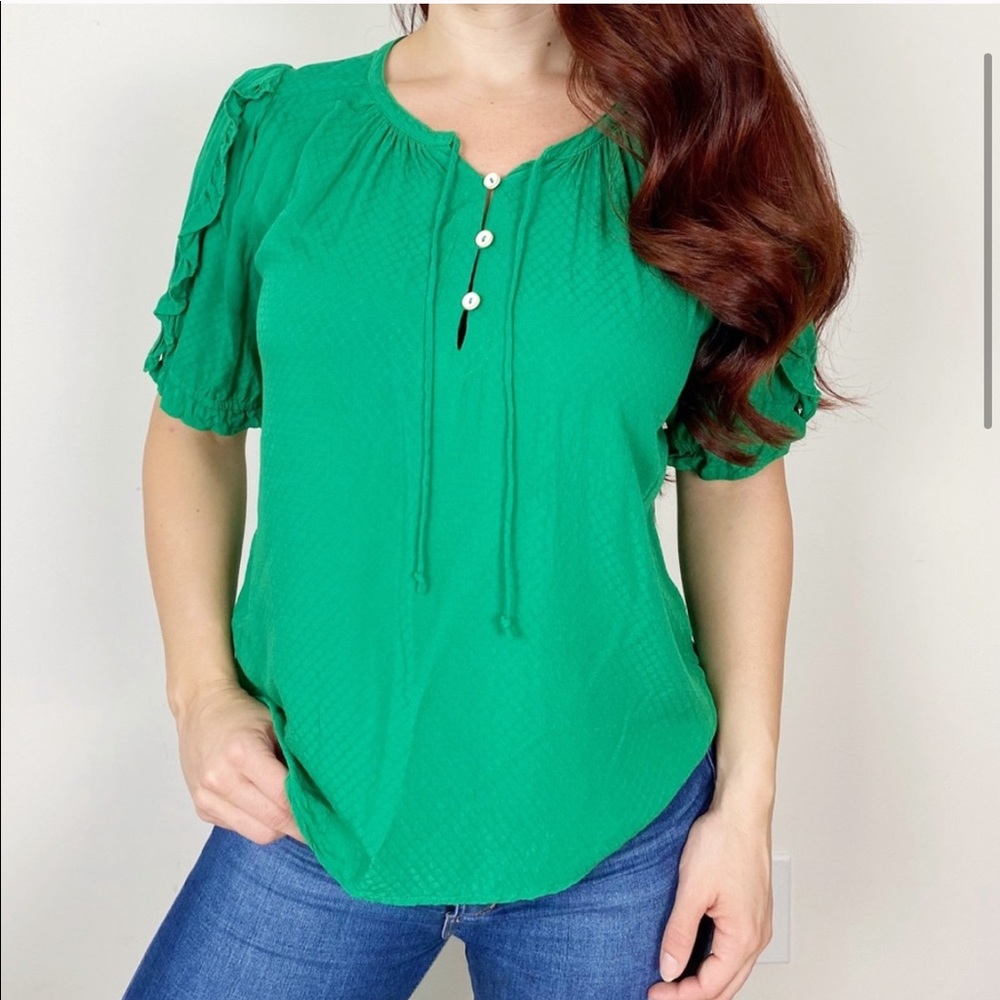 Maeve Green Hina Blouse Ruffle Detail